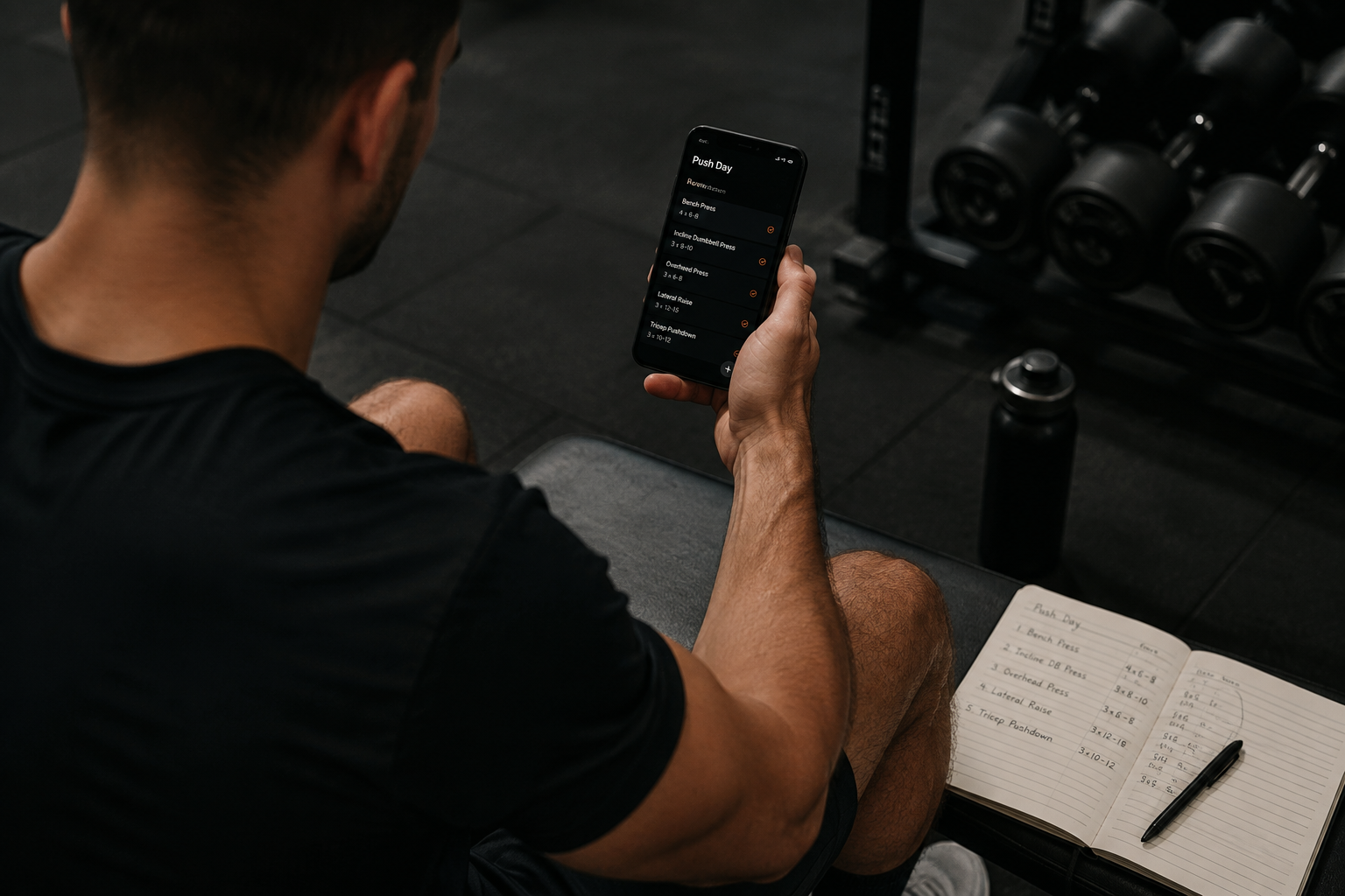 Person in a gym checking a workout plan and tracking exercises